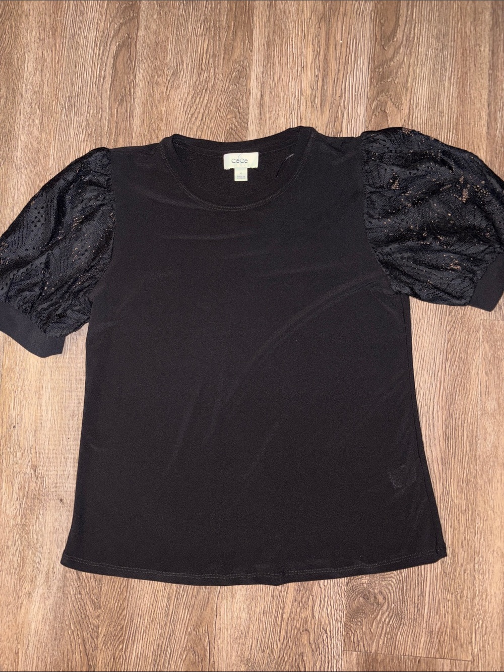 CeCe Black Short-Sleeve Knit Top with Lace Puff Sleeves